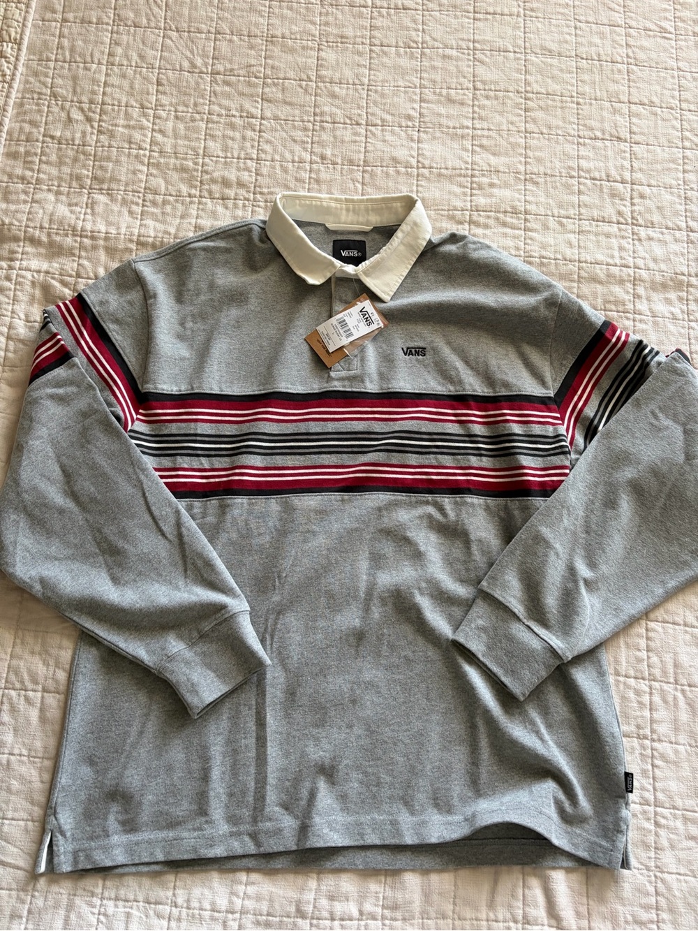 Vans Men’s Grey Rugby Polo with Burgundy and Black Stripes